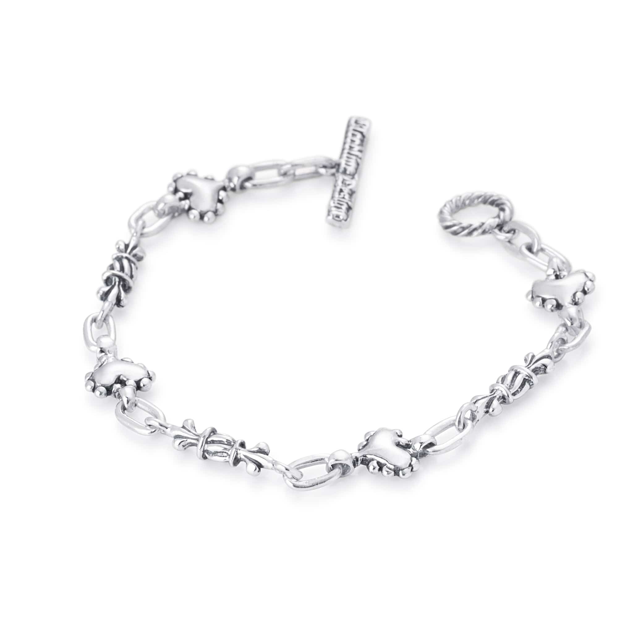 Women's Pillar and Beaded Heart Link Bracelet in Sterling Silver
