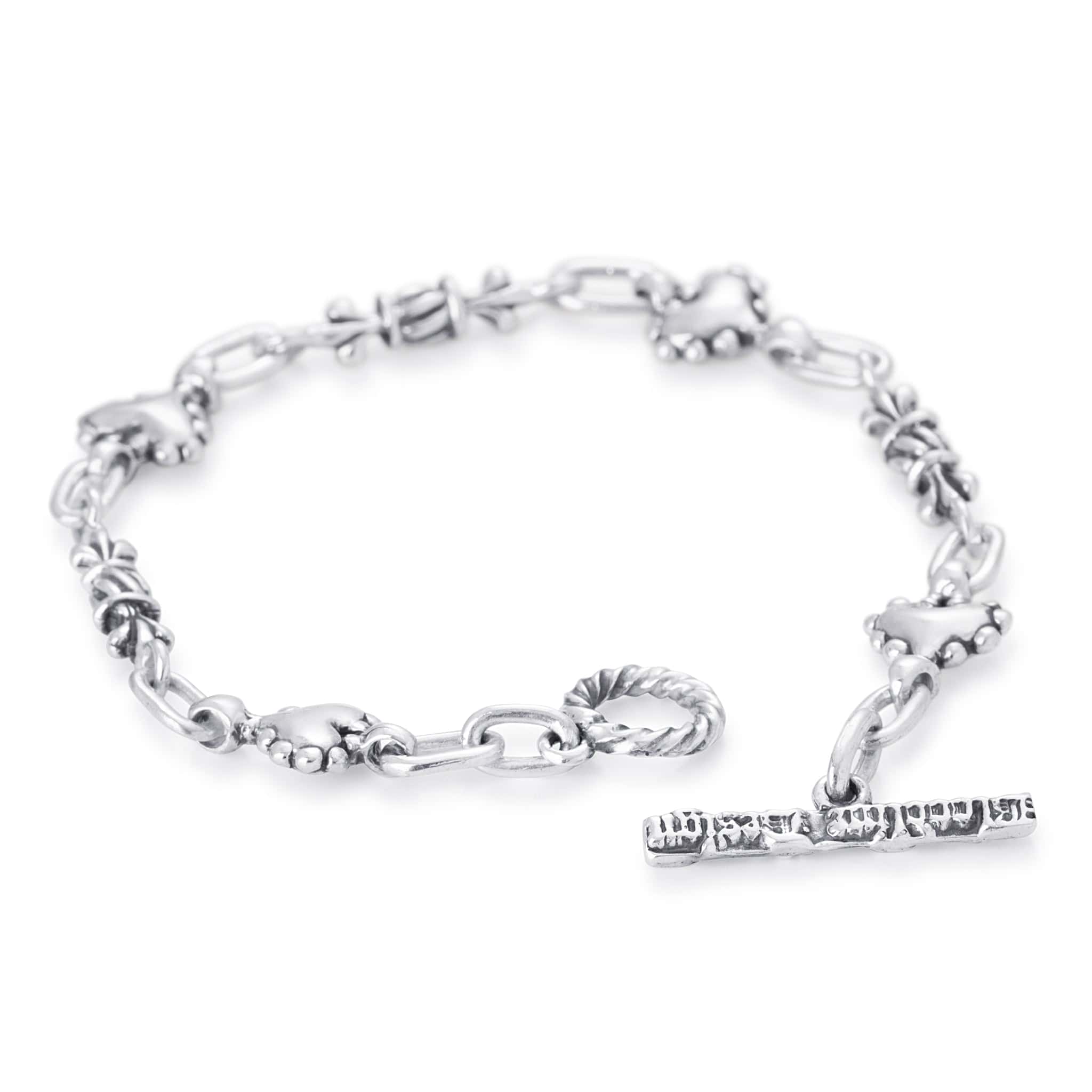 Women's Pillar and Beaded Heart Link Bracelet in Sterling Silver