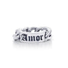 Solid Silver chain link ring with word bar at the head inscribed with "Amor"