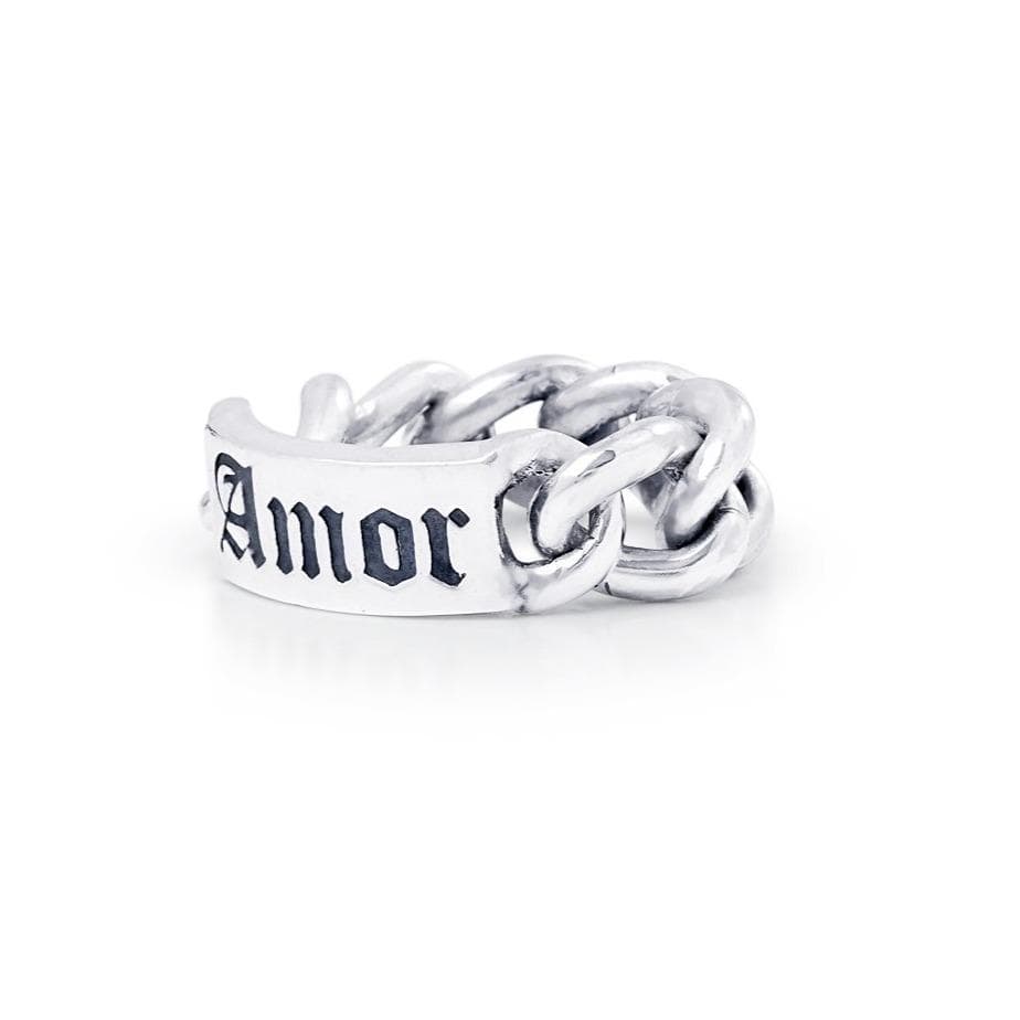 Solid Silver chain link ring with word bar at the head inscribed with 