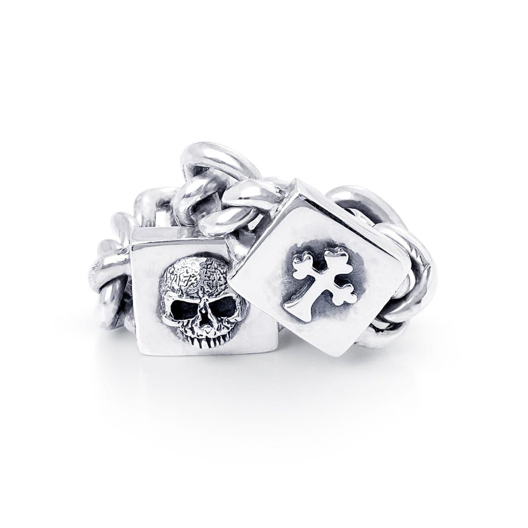 Two Solid Sterling Silver chain link ring, the head of one ring is a solid box with a cross design atop and the other features a skull