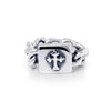 Solid Sterling Silver chain link ring, the head of the ring is a solid box with a cross design atop 