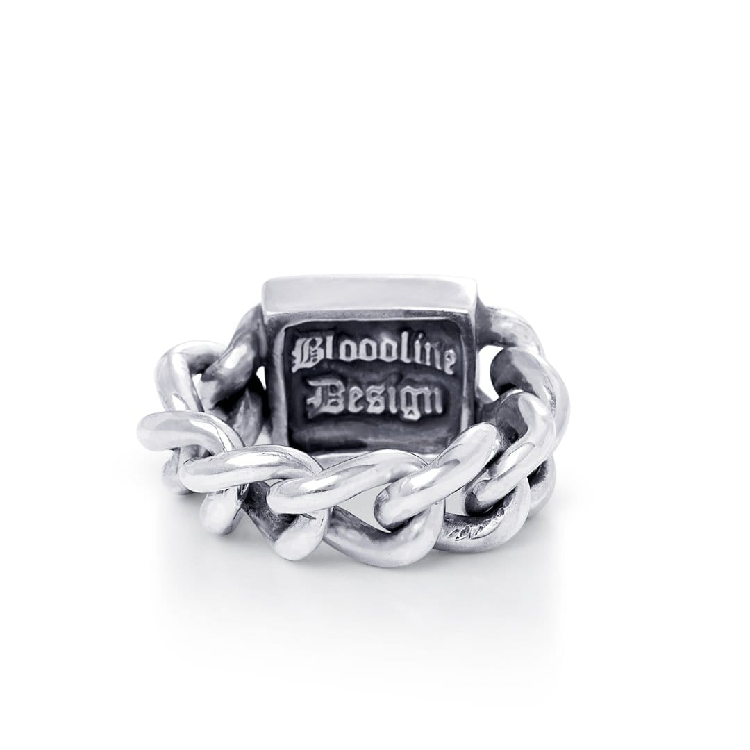 Solid Sterling Silver chain link ring, the head of the ring is a solid box with a back view inside at the Bloodline Design Stamp
