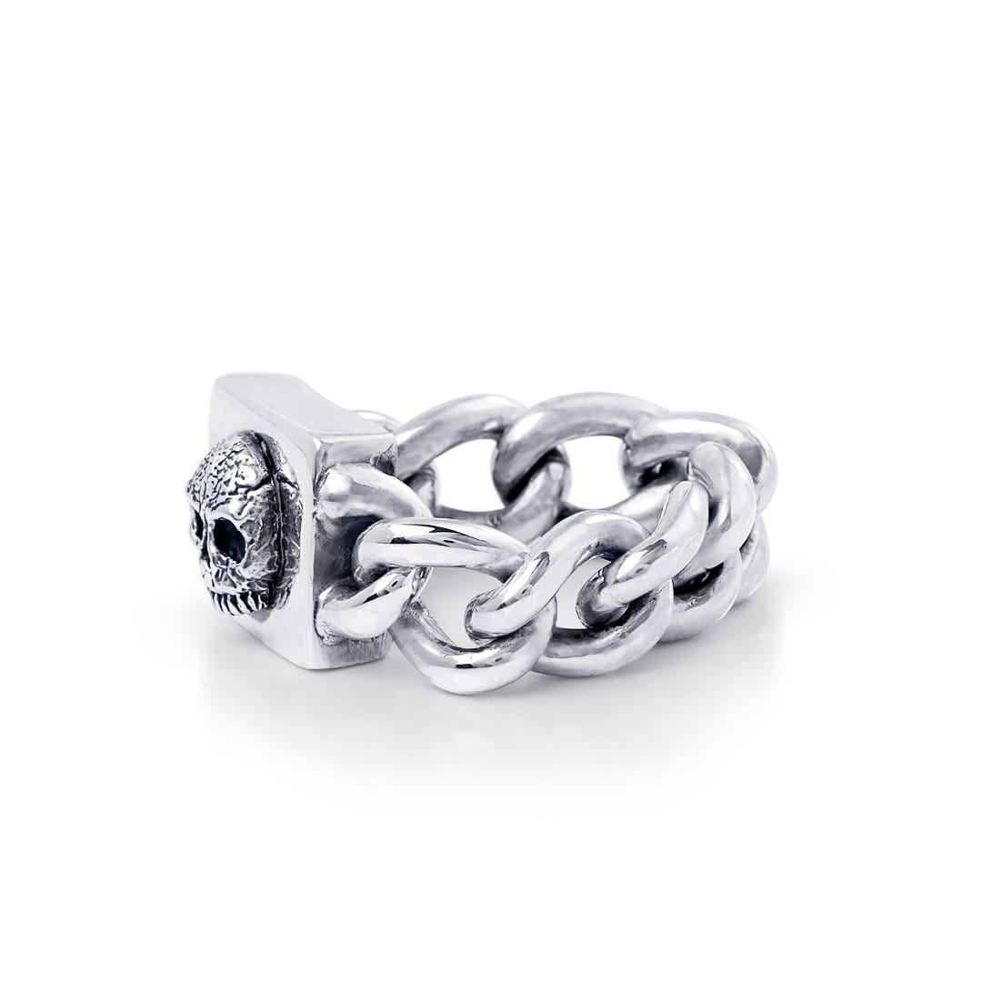 Solid Sterling Silver chain link ring, the head of the ring is a solid box with a cross design atop, side view
