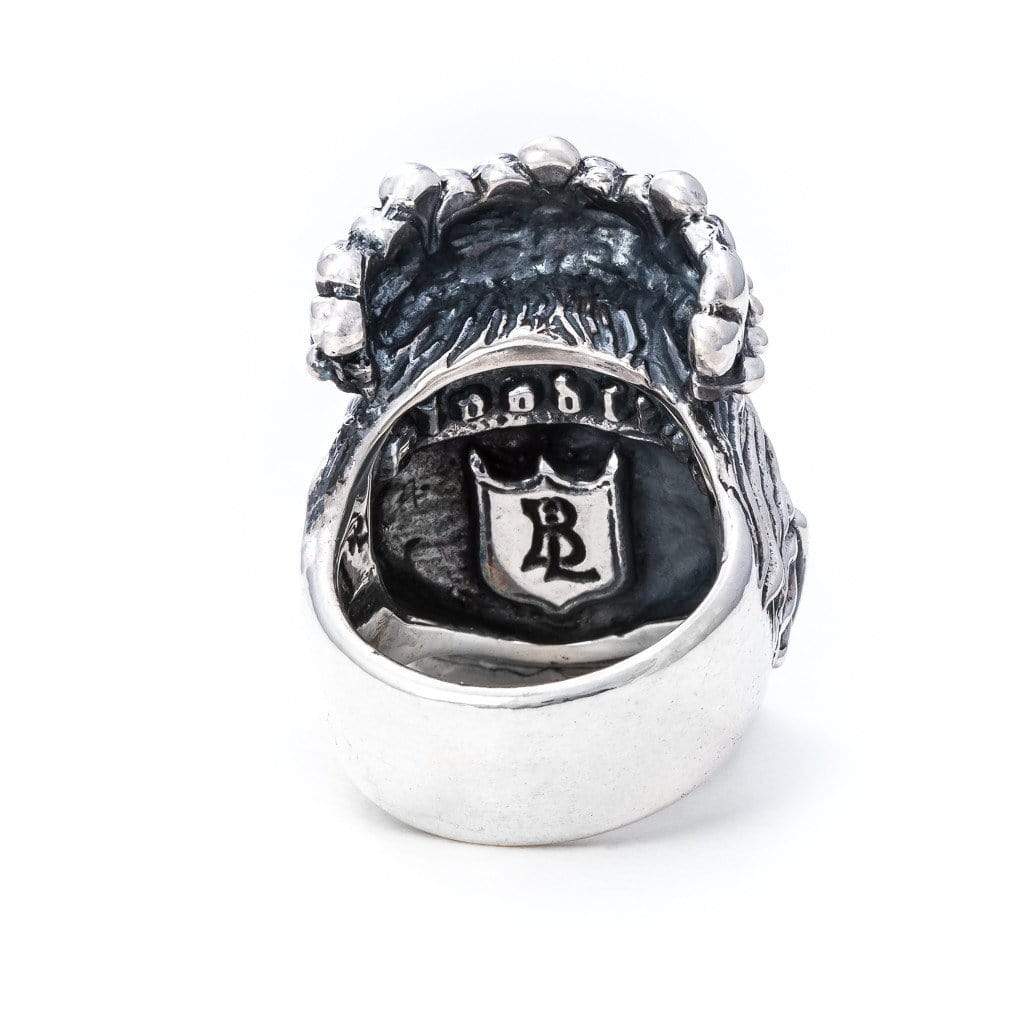 Back view of Large Solid Sterling Silver Lions head with Bloodline design stamp visible on the inside of the ring