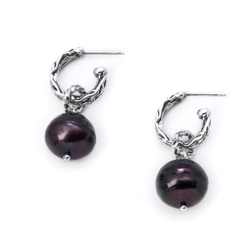 Bloodline Design Womens Earrings Black Eternal Vine Hoop with Pearl Earrings