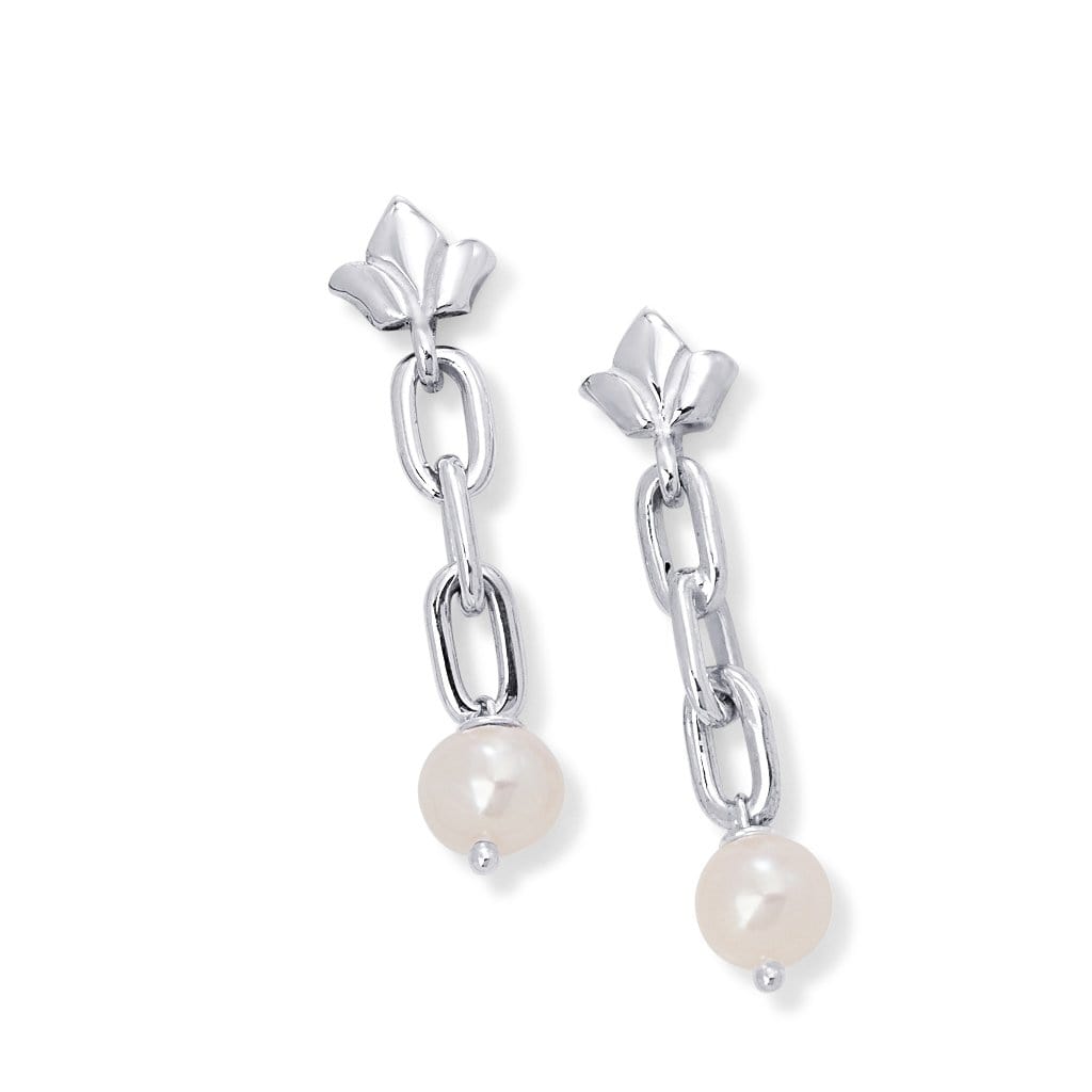 Bloodline Design Womens Earrings The Floret and White Pearl Link Drop Earrings