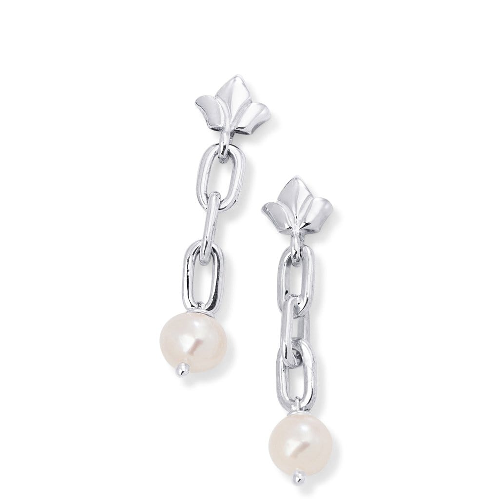 Bloodline Design Womens Earrings The Floret and White Pearl Link Drop Earrings