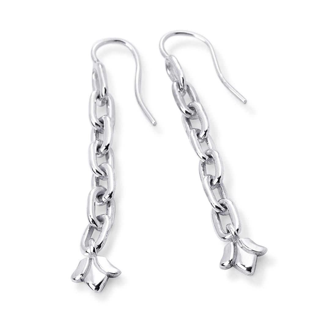Long Floret Link Drop Earrings In Sterling Silver, 51mm